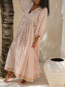 Women's Summer Boho Maxi Dresses Deep V Neck 3/4 Puff Sleeve Floral Dress Casual Loose Flowy A Line Dress Streetwear - Màu be - Xem 8