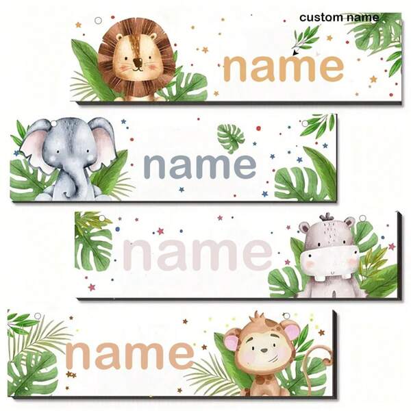 1 pezzo Decorazione con targhetta personalizzabile a tema animali in legno, 11,8 x 5 pollici, design jungle, decorazione per festa di compleanno, cartello per porta, decorazione multiuso per interni/esterni