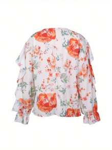 Women Button-Down Ruffle Shirt, Adults Solid Color/Letter/Butterfly/Plant Print V-Neck Long Sleeve Blouse - Orange - View 6