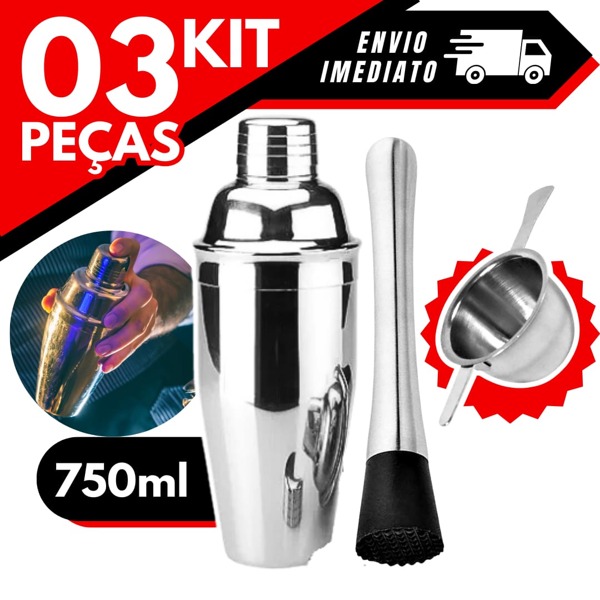 Kit Coqueteleira 750ml + Dosador + Socador 3 itens para Barman Bar restaurante residencia drinks caipirinha bar man