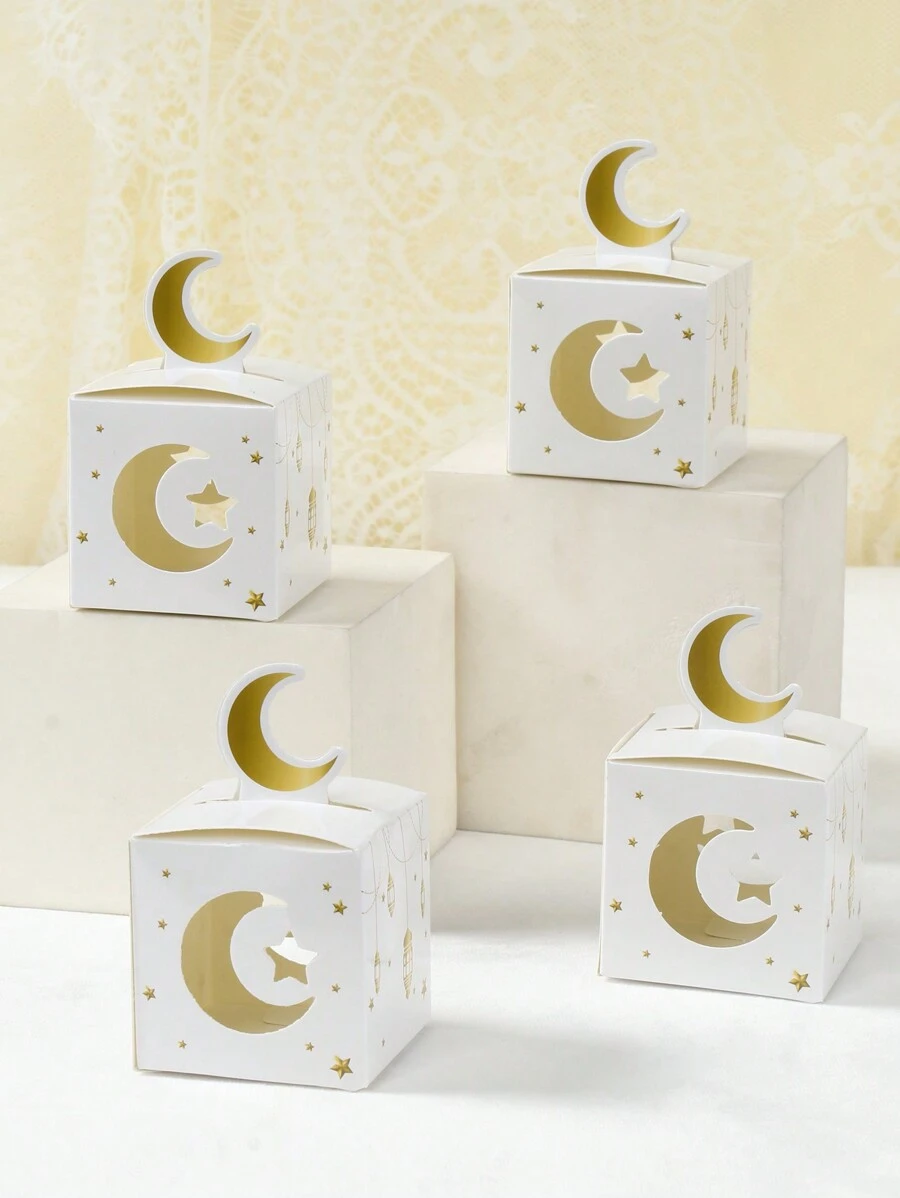 24 piezas Cajas de dulces mini, cajas de embalaje con diseño hueco de estrella y luna, embalaje de chocolate y galletas, regalos de fiesta, suministros de fiesta musulmana y islámica, decoración de festival feliz - Oro blanco - Ver 1