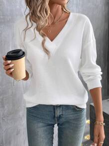 Women's V-Neck Long-Sleeved Solid Color Casual Loose Comfortable Top - White - View 1