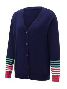 Women's Striped Cardigan V Neck Long Sleeve Button Down Knit Tops For Fall Streetwear - Navy Blue - View 2