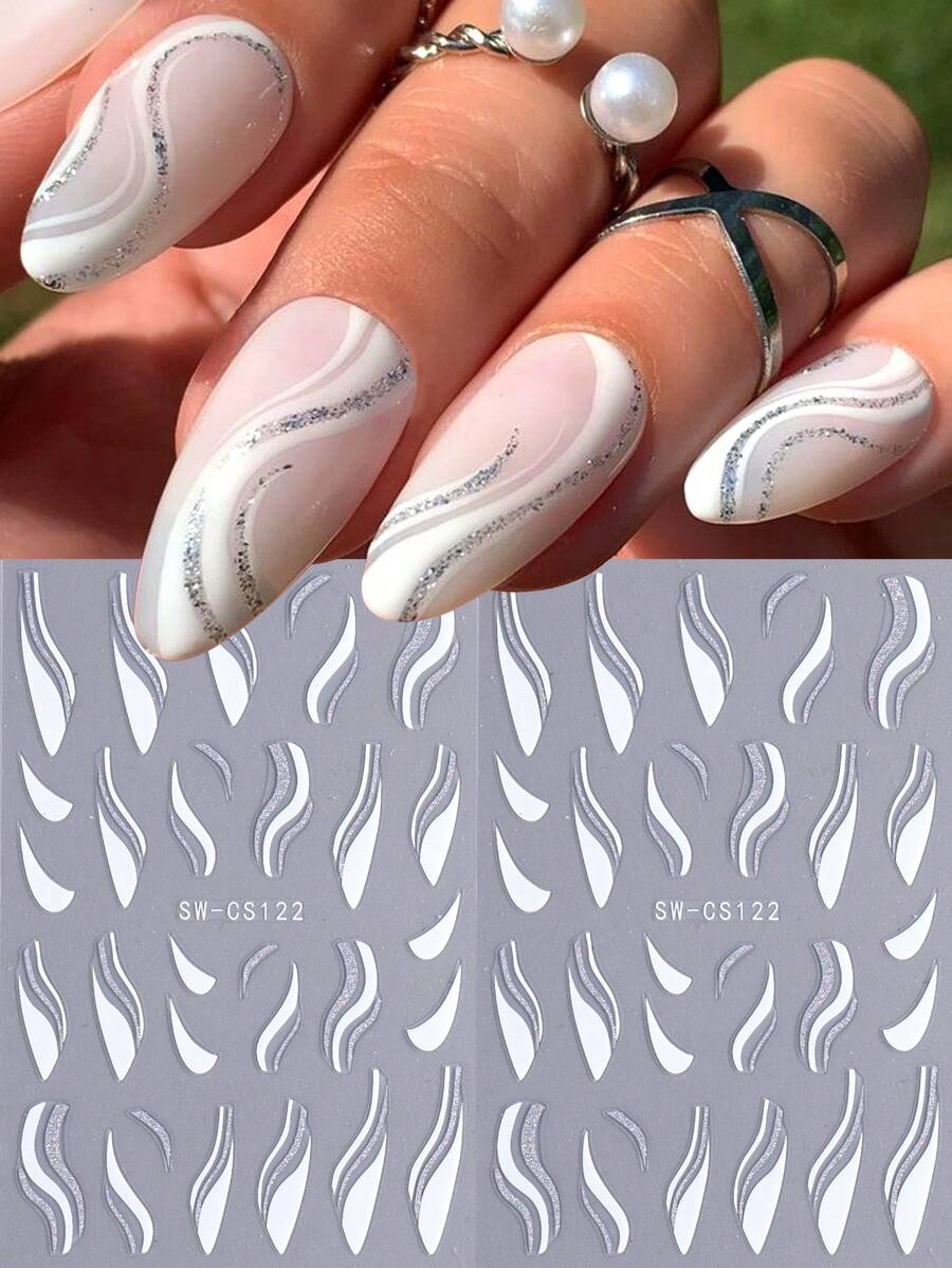 2 Sheets Silver Glitter Stripe Nail Art Sticker French 3D Nail Decals Stripe Swirl Line Nail Design Nail Art Supplies Nail Stickers DIY Manicure Decoration Nails