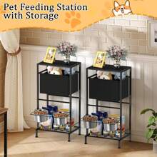 Elevated Dog Bowls, Dog Food Feeding Station With Storage Basket & 2 Bowls, 3 Heights Adjustable Elevated Dog Bowls From 3.9''- 7.8'', Holder Cabinet Pet Storage Organizer For Medium Small Dog, Cat - 黑色 - 查看 2