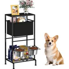 Elevated Dog Bowls, Dog Food Feeding Station With Storage Basket & 2 Bowls, 3 Heights Adjustable Elevated Dog Bowls From 3.9''- 7.8'', Holder Cabinet Pet Storage Organizer For Medium Small Dog, Cat - 黑色 - 查看 1