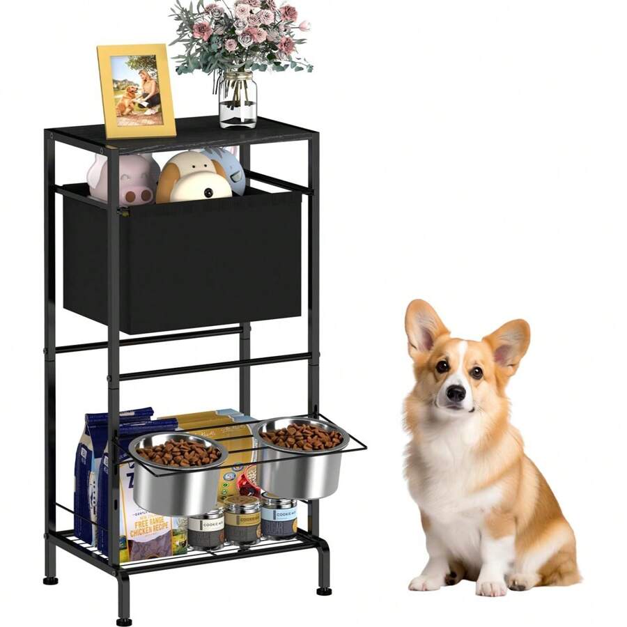 Elevated Dog Bowls, Dog Food Feeding Station With Storage Basket & 2 Bowls, 3 Heights Adjustable Elevated Dog Bowls From 3.9''- 7.8'', Holder Cabinet Pet Storage Organizer For Medium Small Dog, Cat - 黑色 - 查看 1