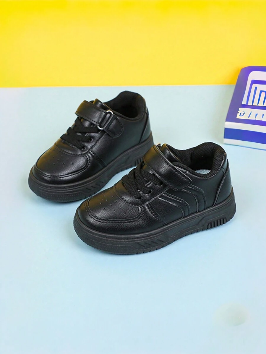 1 双儿童休闲运动校鞋，简约校园风格，男女通用设计，防水皮革休闲运动鞋，适合春秋季节 - 黑色 - 查看 1