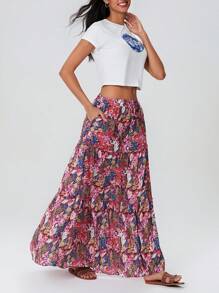 Women's Boho Maxi Skirts Vintage Floral Elastic High Waist A-Line Flowy Skirts Tiered Long Swing Skirts With Pockets Casual Bohemian Clothes For Summer Holiday Beach Vacation Outfit - Hồng - Xem 5