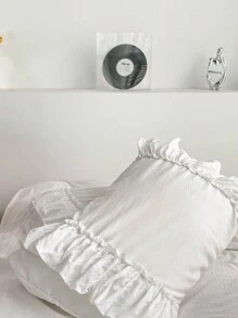 3 件 90 克纤维 3 层大荷叶边羽绒被套套装，包括 1 件羽绒被套和 2 件枕套，迷人法式风格 - 白色 - 查看 8