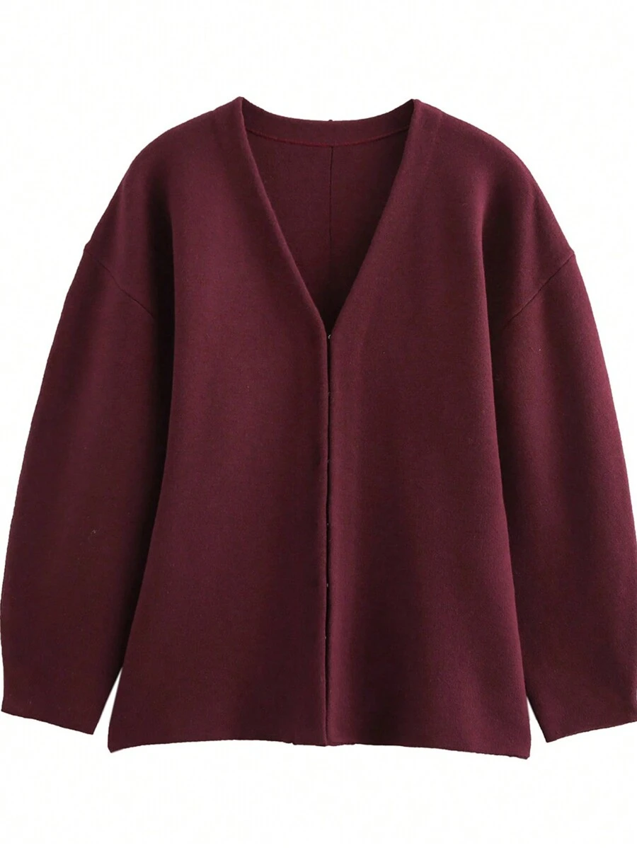 Women's Simple Solid Color Casual Knit Fitted Jacket Elegant Fall - Burgundy - View 1