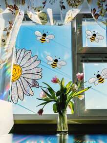 1pc Sun Vibrancy Static Adhesive Glass Sticker Bee & Sunflower Design Gifts Birthday Graduation Stickers Personalised Stickers - Multicolor - View 6