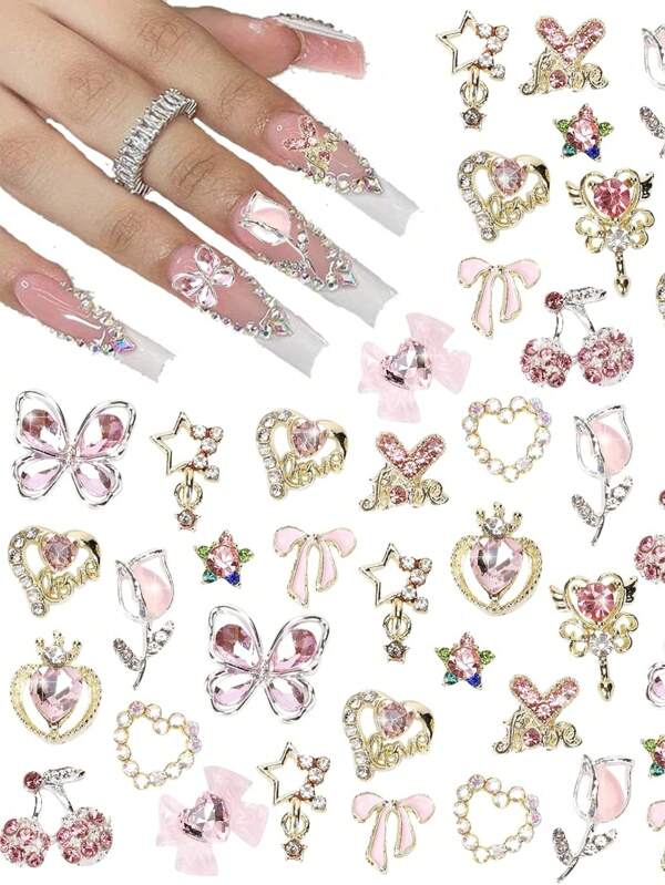 48PCS Nail Charms Y2k Alloy Nail Art Rhinestone Charms 3D Heart Star Bow With Rhinestones Cherry Nail Gems Shiny Jewelry Nail Decorations Accessories Supplies