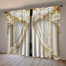 2 Stücke Blumen Perlen Römische Säule bedruckte Vorhänge, Digitaldruck, Polyesterstoff, geeignet für Wohnzimmer, Küche, Schlafzimmer, Bad, Hotel, Restaurant, Eingang, Heimdekoration - Roségold - Übersicht 7