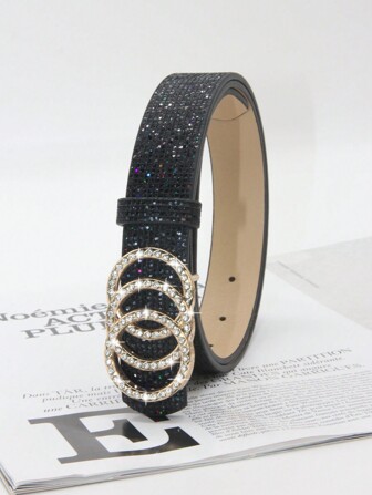 1 pièce de ceinture élégante et décontractée en cuir PU pailleté avec boucle métallique ornée de strass, à 3 boucles. Convient aux robes, jeans et autres tenues. Idéal pour la Saint-Valentin, l'été et l'école.