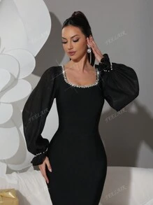 New Elegant Women's Sequin Rhinestone Pearl Decor Long Sleeve Bodycon Dress, Formal Evening Party Gown, Wedding Guest Dress