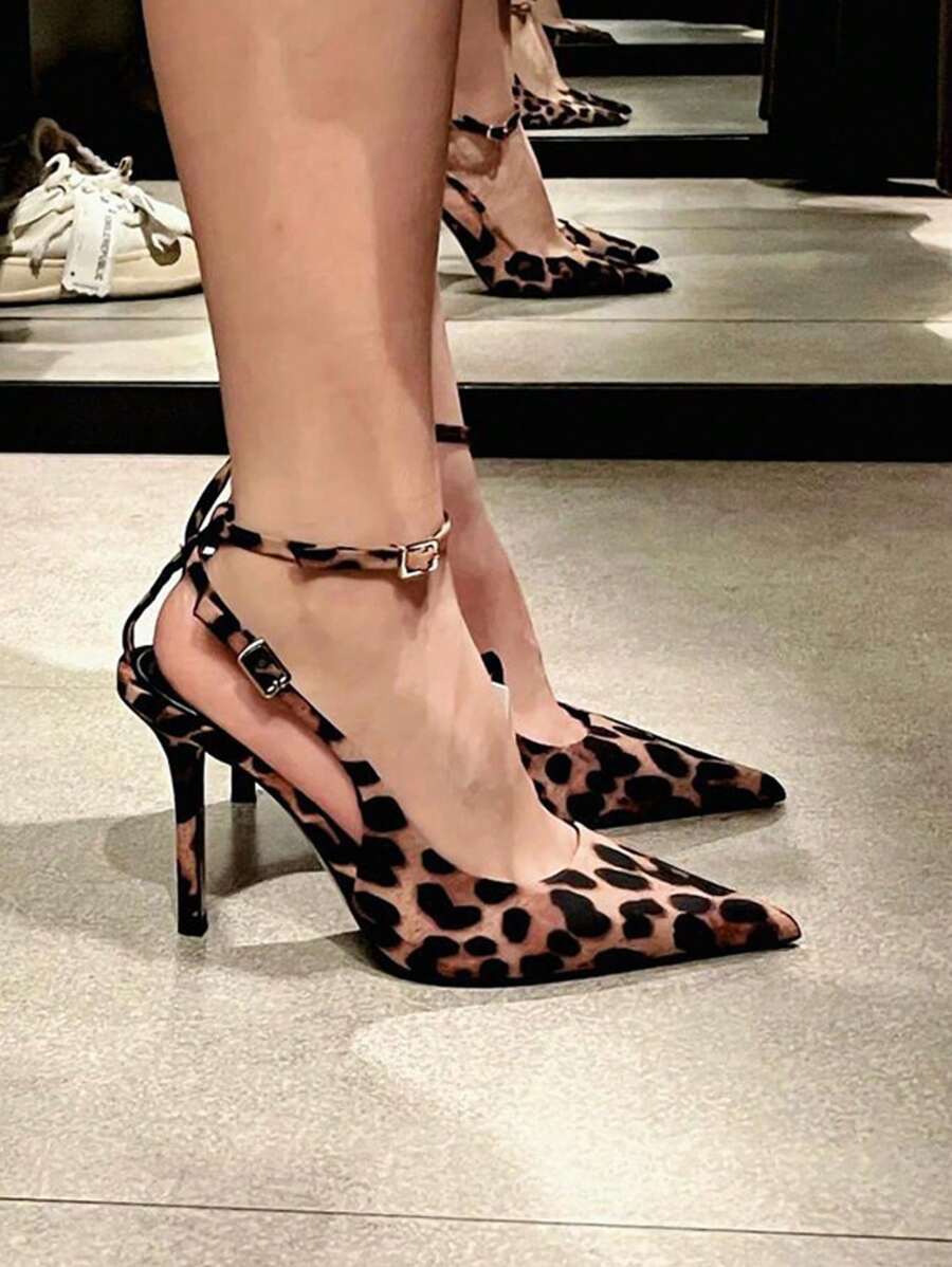 Women Slingback High Heel Beaded Pumps Pointed Toe Stilettos Slip On Strappy Heels Ankle Strap Dress Pumps Shoes 3.5 Inches - Leopard Color - View 1
