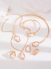 1/6pcs European & American Style Asymmetrical Faux Pearl Bracelet, Ring, Necklace, Earring Jewelry Set, Romantic & Elegant Women Jewelry Gift Suitable For Daily, Party, Wedding