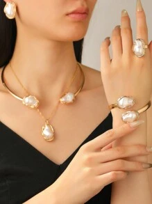 1/6pcs European & American Style Asymmetrical Faux Pearl Bracelet, Ring, Necklace, Earring Jewelry Set, Romantic & Elegant Women Jewelry Gift Suitable For Daily, Party, Wedding