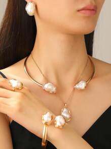 1/6pcs European & American Style Asymmetrical Faux Pearl Bracelet, Ring, Necklace, Earring Jewelry Set, Romantic & Elegant Women Jewelry Gift Suitable For Daily, Party, Wedding