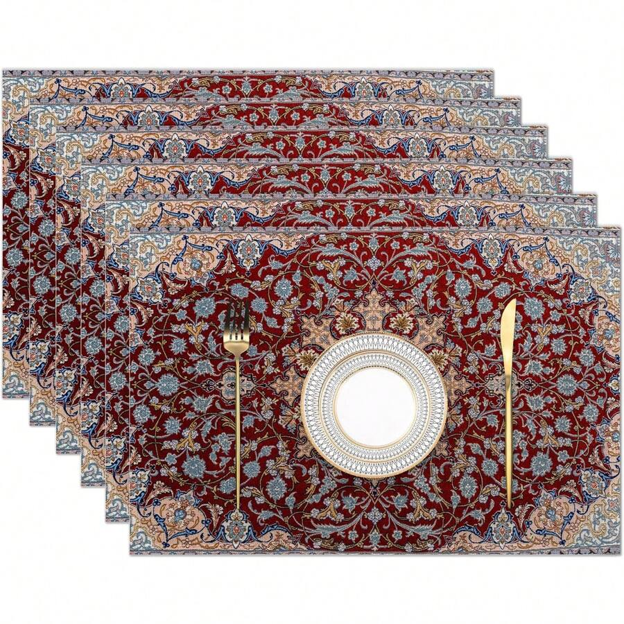 Set de 6 manteles individuales abstractos de estilo africano geométrico bohemio, lavables, de lino, para la mesa de la cocina o del comedor, decoración de granja - Multicolor - Ver 1