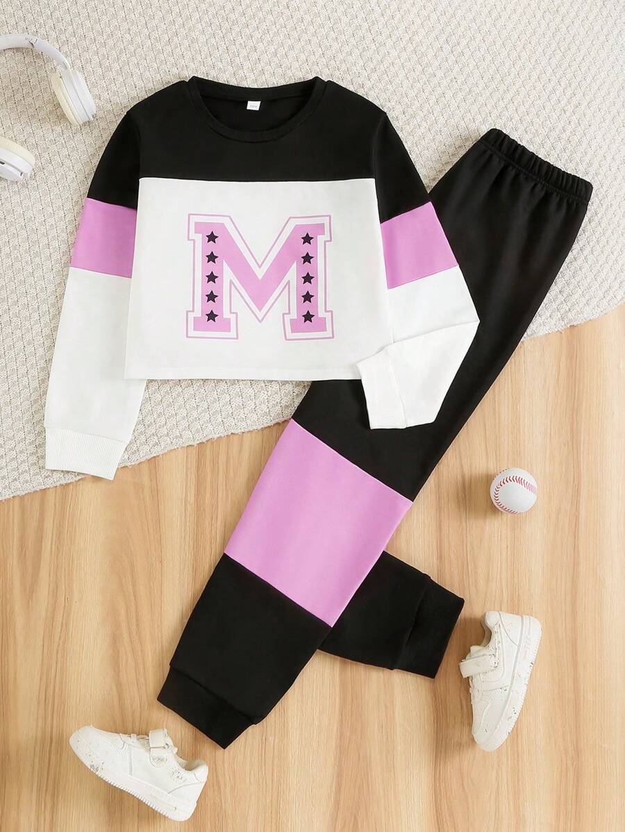 Bộ áo nỉ dài tay in chữ thể thao nhiều màu cho bé gái tuổi teen và quần nỉ, trang phục thường ngày cho mùa xuân/thu - Màu tím - Xem 1