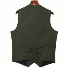 Mens Herringbone Tweed Suit Vest Four Pockets Retro Tweedy Wool Waistcoat - Army Green - View 6