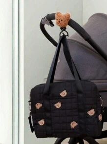 1pc Cute Embroidered Solid Black Mommy Bag With Pockets, Dual Hooks For Stroller, Portable Diaper Bag For Feeding Supplies, Suitable For All Seasons - Black - View 4