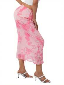 Women Half Dress, Floral Straight Loose Slimming Low Waist Summer Fall Pink Flowing Skirt - Rosa - Ver 9