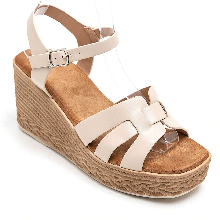 Fashionable Casual Solid Color Open Toe Women Wedge Sandals - Beige - View 1
