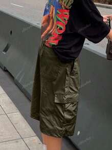 Y2K Street Elastic Drop Wasit Flap Pocket Szerokie nogawki Luźne szorty typu bermudy Chic Casual Długość do kolan Cargo