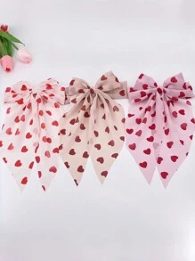 1pc Women's Elegant Heart Print Oversized Bow Long Ribbons Hair Clip, Sweet Design Perfect Accessory Claw Clips Hair Slide Hair Barrettes - Multicolor - View 1