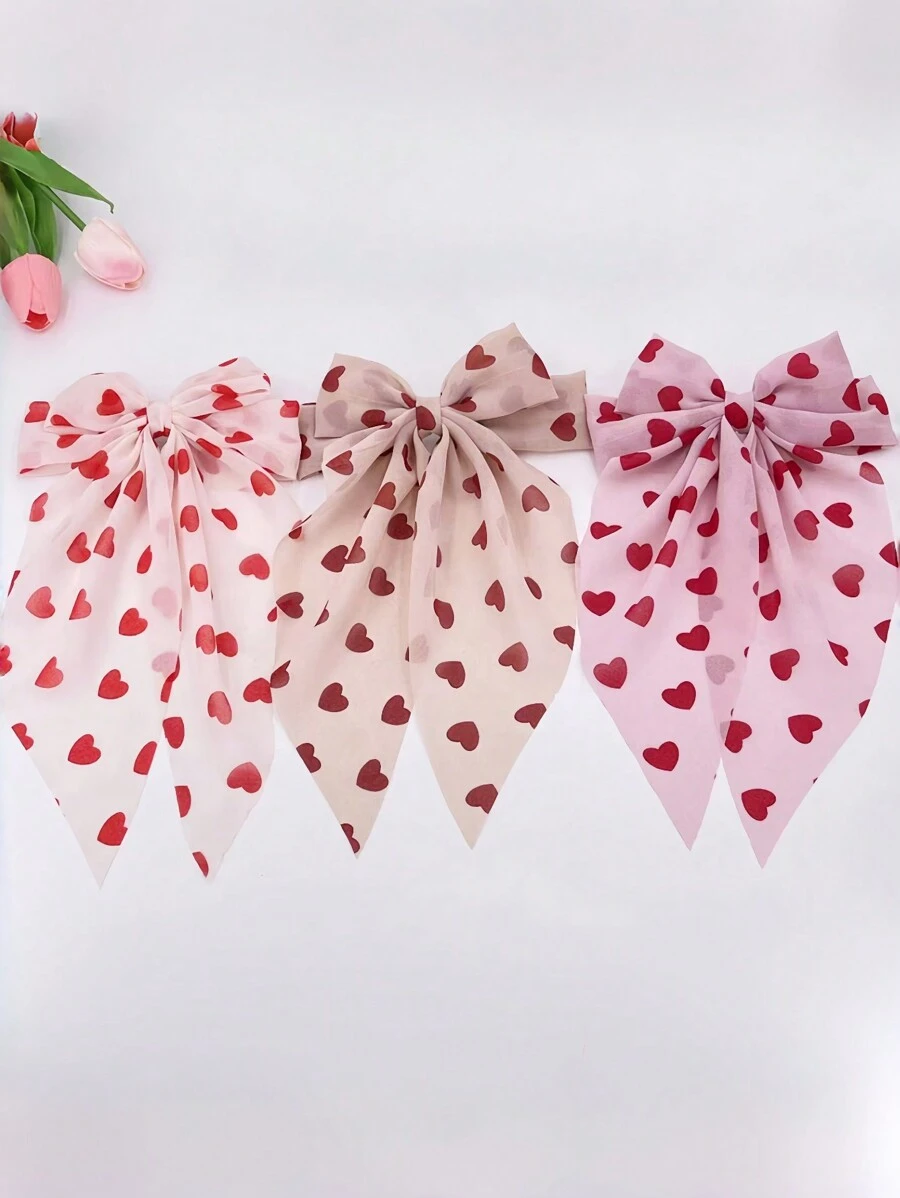 1pc Women's Elegant Heart Print Oversized Bow Long Ribbons Hair Clip, Sweet Design Perfect Accessory Claw Clips Hair Slide Hair Barrettes - Multicolor - View 1