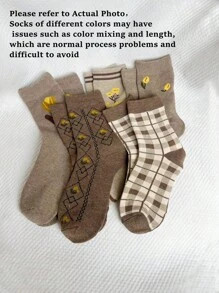 5 đôi tất len pha trộn họa tiết hoa và kẻ caro ngẫu nhiên dành cho nữ - Cà phê nâu - Xem 8