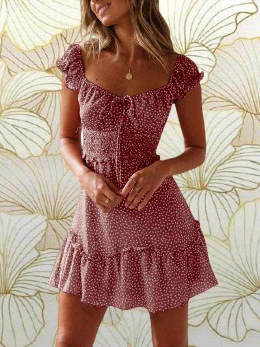 Women's Fashionable Ruffle Sleeve Mini Dress With Sweetheart Neckline And Summer Print - Đỏ - Xem 1