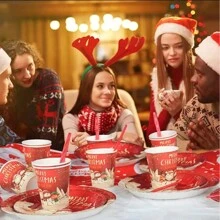 96 Pieces Christmas Party Supplies,Christmas Paper Plates And Napkins Disposable Xmas Tableware Set Merry Christmas For Christmas Holiday Party Decor Serves 24 Guests - MIXCOLOR - View 4