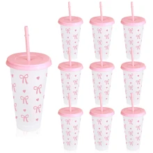 5/10pcs Pink And Red Ribbon Bow & Heart Plastic Tumblers With Straws And Lids, Ribbon Bow Flat Bottomed Cup, Pink Plastic Cup, Coffee Mug, Reusable, Suitable For Cold Drinks, Home, Office, Decoration, Party Gifts, Daily Use, Weddings, Commemoration Day, Afternoon Tea, Valentine's Day, Birthday, Parties, Water Bottle Back To School
