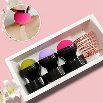 3 pièces Ensemble d'éponges de maquillage, Poudrier en forme de champignon avec support de séchage, Utilisation double humide et sèche, Multi-couleurs, Boîte cadeau, Parfait pour le maquillage, le Nouvel An, la Saint-Valentin