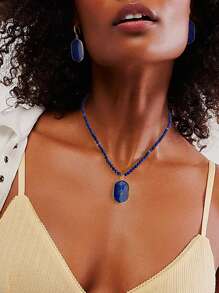 Bohemian Style Lapis Lazuli Pendant Necklace With 4mm Beads Geometric Pendant, Handmade Vintage Women's Jewelry, Perfect Birthday Or Holiday Gift - Multicolor - View 6