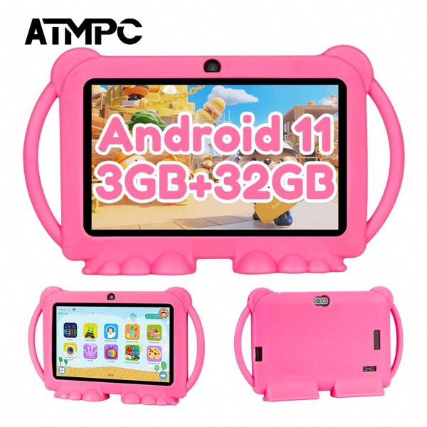 ATMPC Tablet per bambini Android 11, tablet da 7 pollici, 3 GB di RAM + 32 GB di ROM con WiFi 2,4 G, schermo di protezione per gli occhi, tablet didattico per bambini, regali di Capodanno