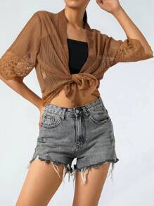 Women's Lace Patchwork Open Front Cardigan Lightweight Sheer Half Sleeve Bolero Shrug Jacket Summer Kimono Cover Up - 咖啡棕 - 查看 6