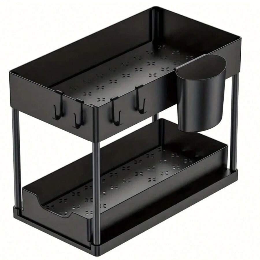 Organizador deslizante de 2 niveles con canastas, bastidor de almacenamiento con ganchos para colgar tazas, organizador de baño y cocina debajo del fregadero