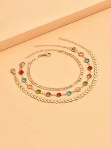 3pcs/Set Fashion Multi-Layer Gold Anklet, Charming Women Beach Party Sparkling Colorful Crystal Anklet, Suitable For Daily Gathering, Beach Vacation, Handmade Adjustable Length, Random Color Arrangement Of Colorful Glass Crystal