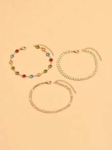 3pcs/Set Fashion Multi-Layer Gold Anklet, Charming Women Beach Party Sparkling Colorful Crystal Anklet, Suitable For Daily Gathering, Beach Vacation, Handmade Adjustable Length, Random Color Arrangement Of Colorful Glass Crystal