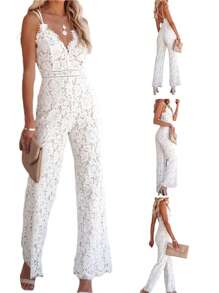 Women Elegant Jumpsuit, Spaghetti Straps V Neck Solid Color Lace Open Back One Piece Wide-Leg Jumpsuits Long Playsuit