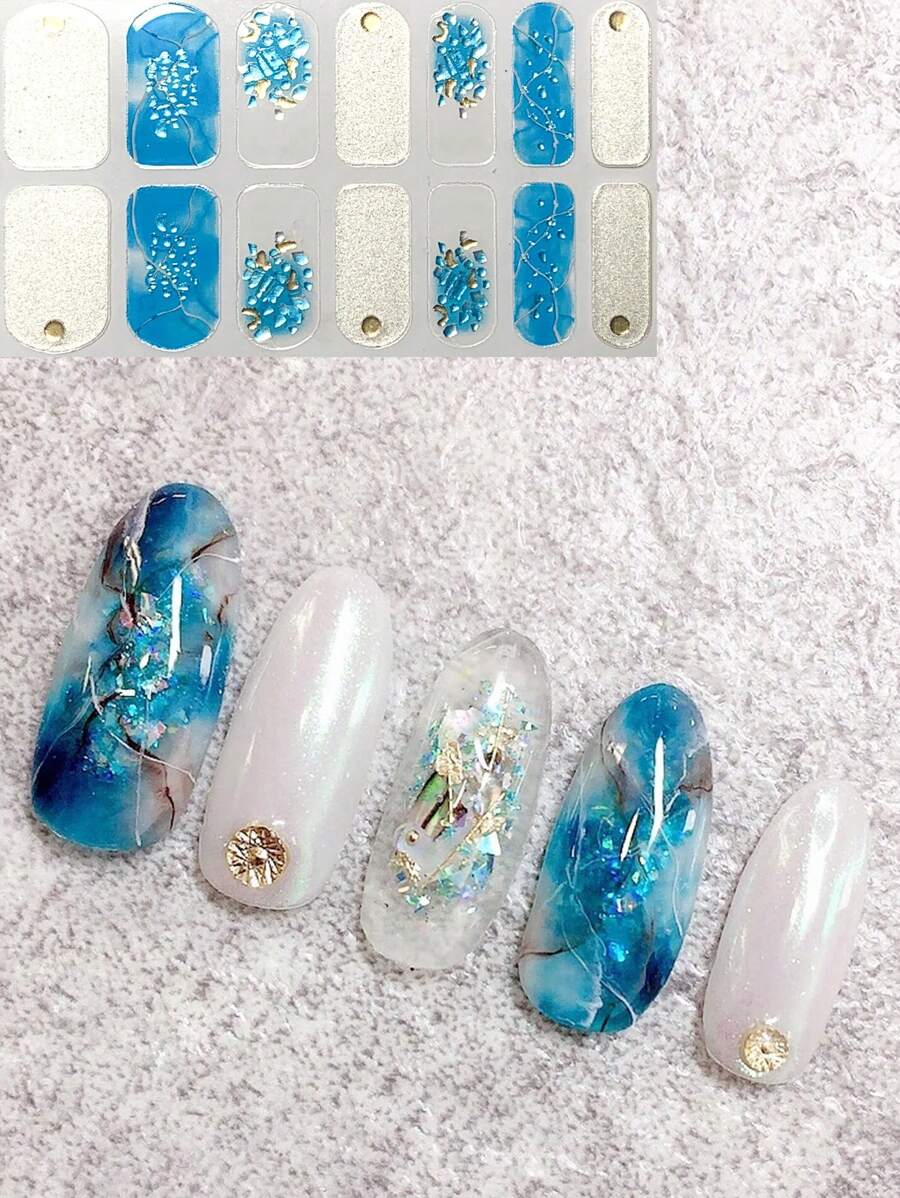 Blue Marble Gradient Nail Art Stickers, DIY Nail Decorations, Faux Rhinestone Nail Stickers Nails