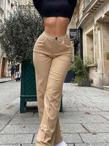 Women's Solid Color Casual Y2K Style Multi-Pocket Straight Cargo Pants - 杏色 - 查看 3