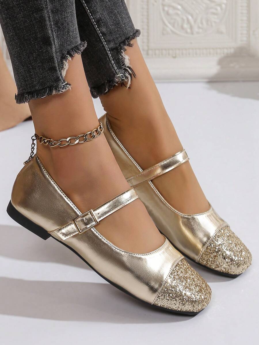 女士新款透气方头休闲玛丽珍芭蕾平底鞋，四季舒适 - 淺金色 - 查看 1