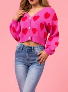 Women's Valentine's Day Sweater Cardigan Long Sleeve V Neck Button Up Heart Print Knitwear - Màu Hồng Tươi - Xem 2