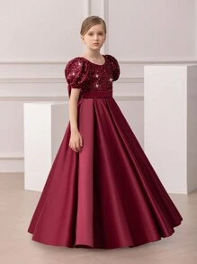 Váy công chúa hở lưng tay bồng thanh lịch cho bé gái, thích hợp cho tiệc sinh nhật, đám cưới, phù dâu, vũ hội, các dịp lễ - Màu Đỏ Sâu - Xem 3
